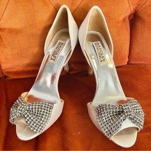 Badgley Mischka satin wedding heels with rhinestone bows